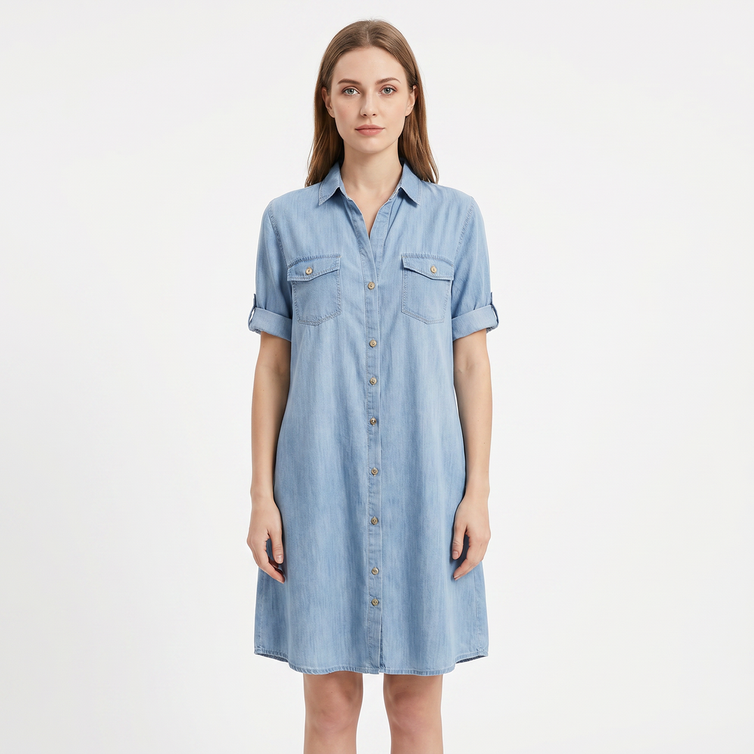 Women's Denim Shirt Dress Short Sleeve Button Front Chest Pockets