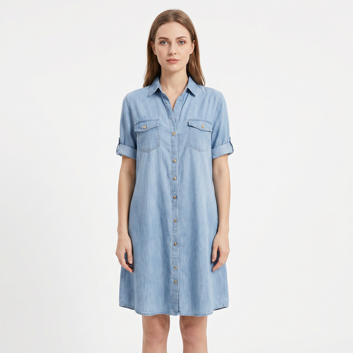Women's Denim Shirt Dress Short Sleeve Button Front Chest Pockets