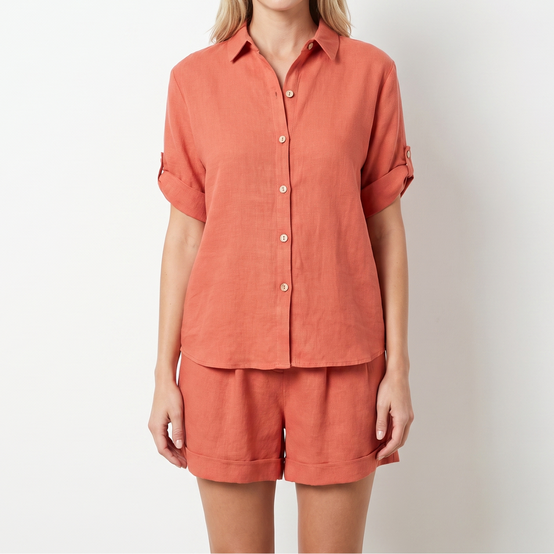 Women's Two-Piece Linen Set Button-Up Shirt Tailored Shorts Casual