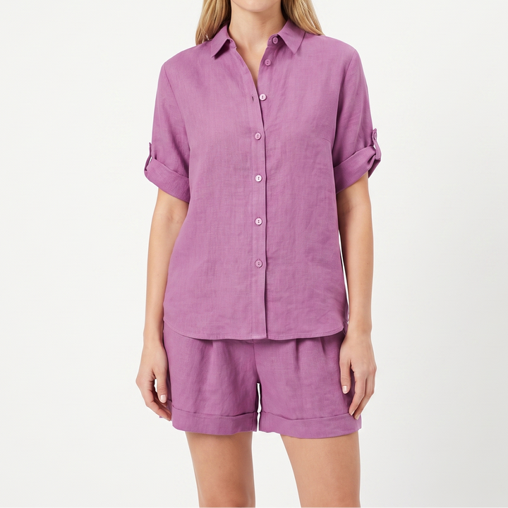 Women's Two-Piece Linen Set Button-Up Shirt Tailored Shorts Casual