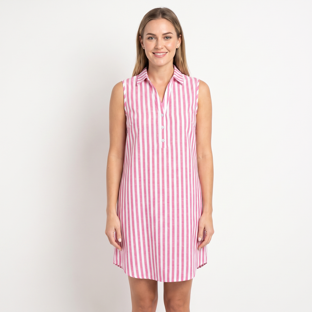 Women's Striped Shirt Dress Sleeveless Collared Button Front Linen