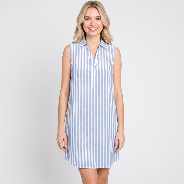 Women's Striped Shirt Dress Sleeveless Collared Button Front Linen