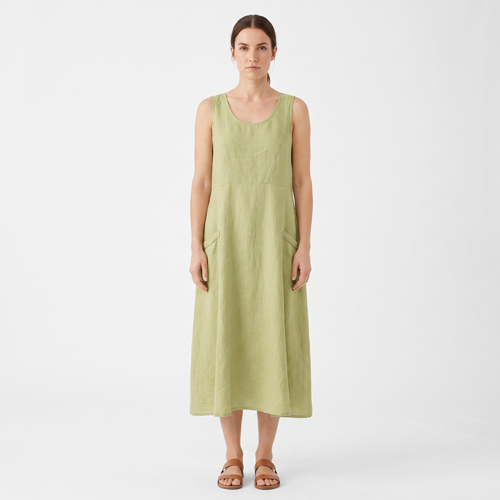 Women's Linen Maxi Dress Sleeveless Loose Fit Scoop Neck Pockets