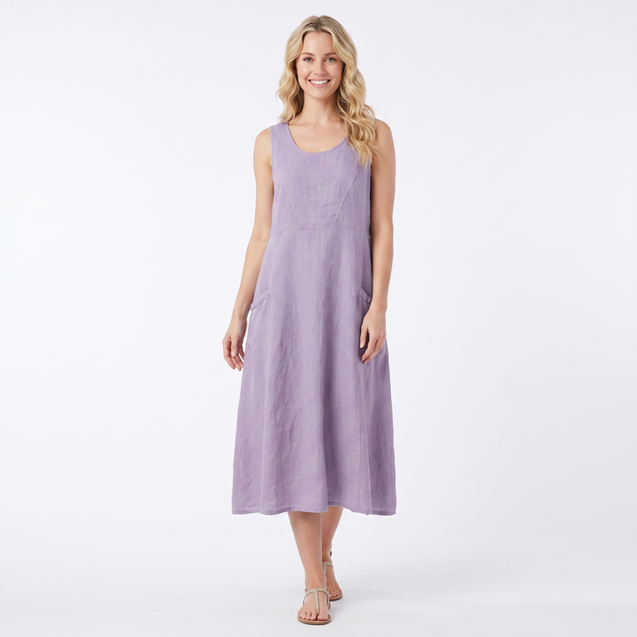 Women's Linen Maxi Dress Sleeveless Loose Fit Scoop Neck Pockets