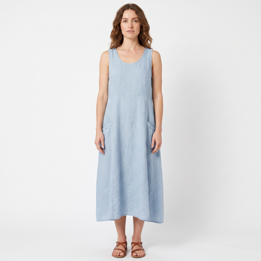 Women's Linen Maxi Dress Sleeveless Loose Fit Scoop Neck Pockets