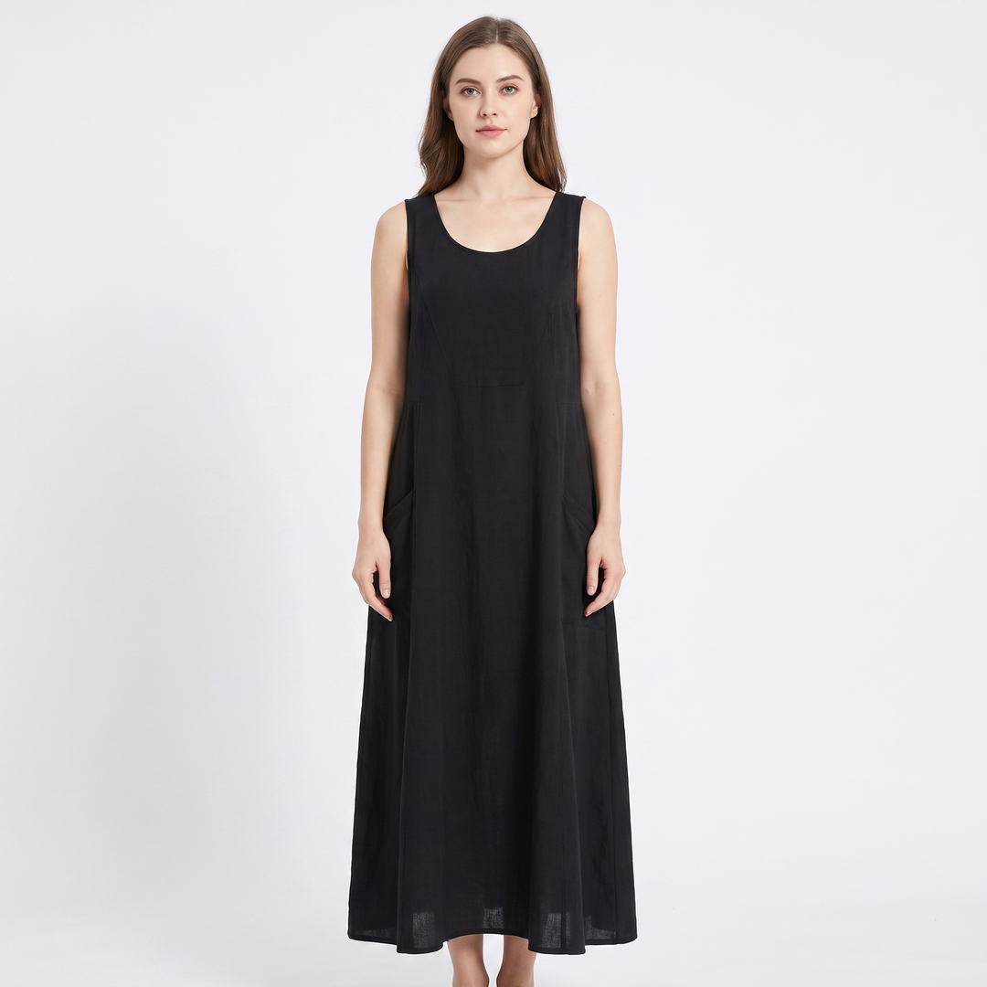 Women's Linen Maxi Dress Sleeveless Loose Fit Scoop Neck Pockets