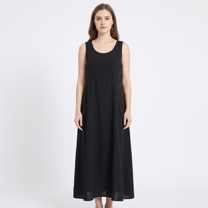 Women's Linen Maxi Dress Sleeveless Loose Fit Scoop Neck Pockets