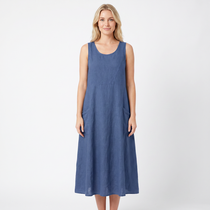 Women's Linen Maxi Dress Sleeveless Loose Fit Scoop Neck Pockets