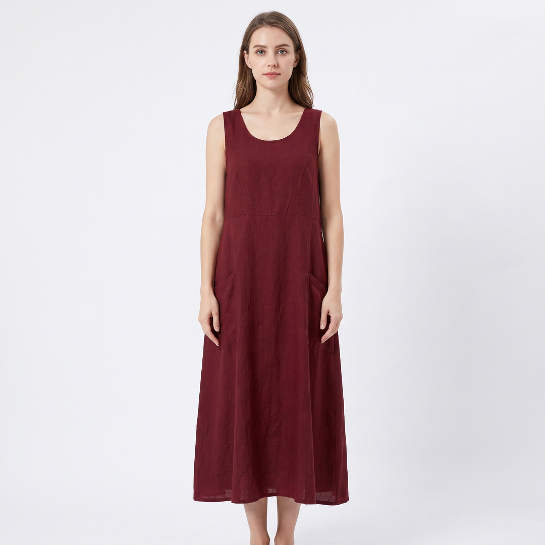 Women's Linen Maxi Dress Sleeveless Loose Fit Scoop Neck Pockets