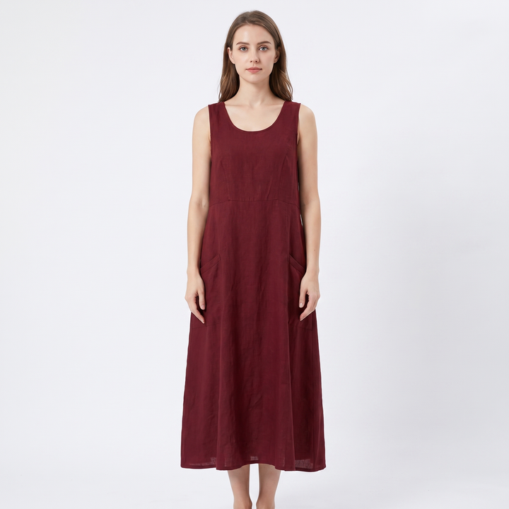Women's Linen Maxi Dress Sleeveless Loose Fit Scoop Neck Pockets