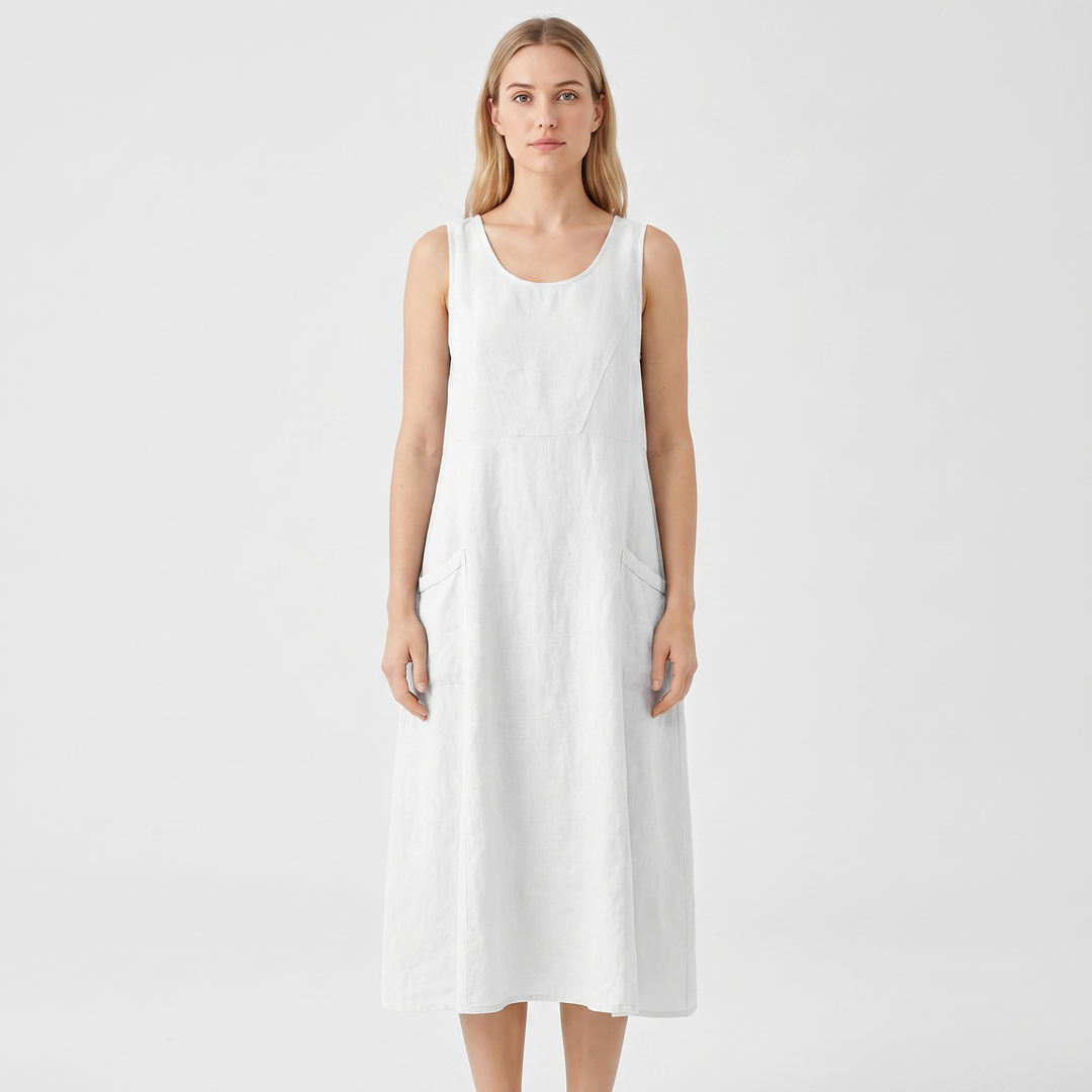 Women's Linen Maxi Dress Sleeveless Loose Fit Scoop Neck Pockets
