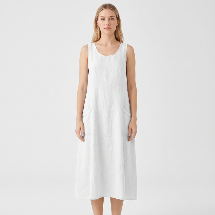 Women's Linen Maxi Dress Sleeveless Loose Fit Scoop Neck Pockets