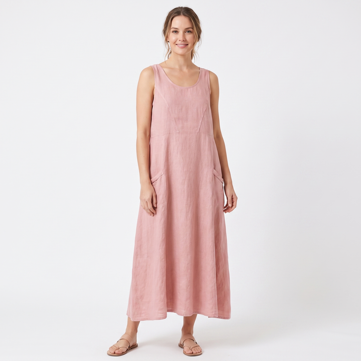 Women's Linen Maxi Dress Sleeveless Loose Fit Scoop Neck Pockets