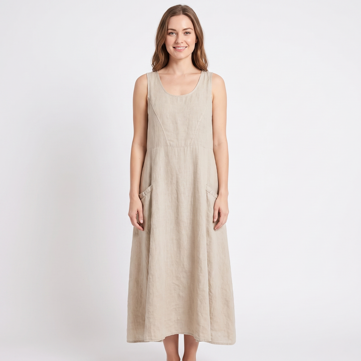 Women's Linen Maxi Dress Sleeveless Loose Fit Scoop Neck Pockets