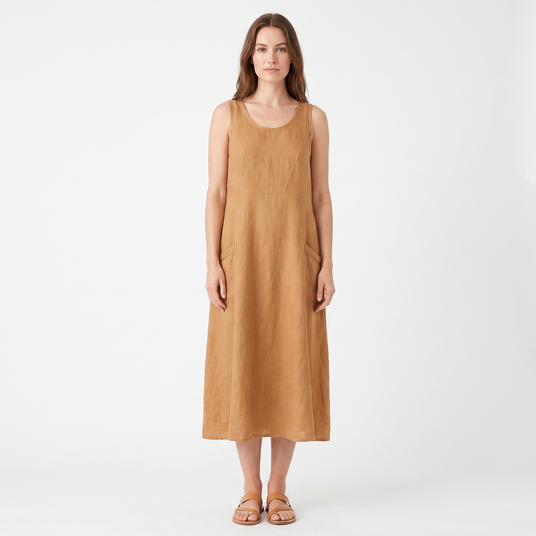 Women's Linen Maxi Dress Sleeveless Loose Fit Scoop Neck Pockets