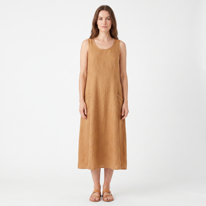 Women's Linen Maxi Dress Sleeveless Loose Fit Scoop Neck Pockets