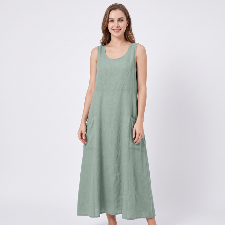 Women's Linen Maxi Dress Sleeveless Loose Fit Scoop Neck Pockets