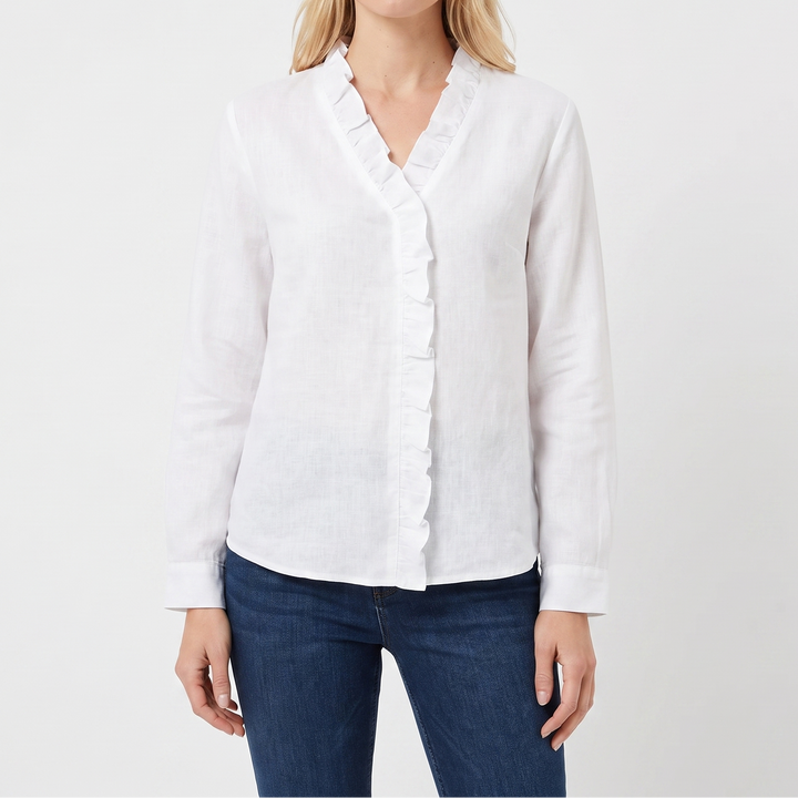 Women's Ruffle V-Neck Blouse Long Sleeve Cotton Linen Top