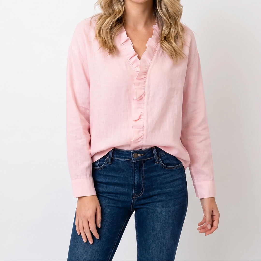 Women's Ruffle V-Neck Blouse Long Sleeve Cotton Linen Top