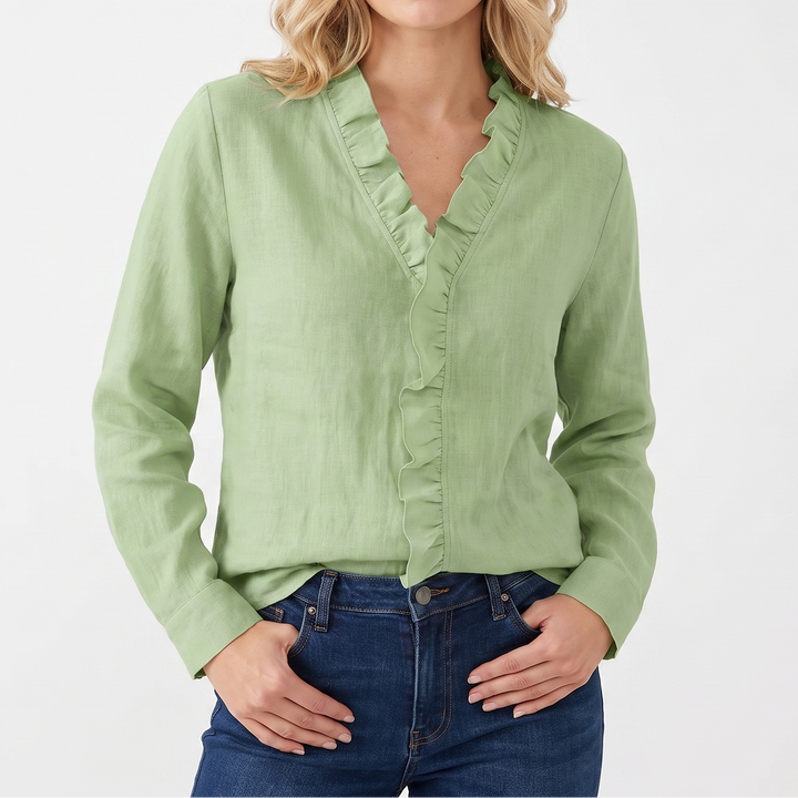 Women's Ruffle V-Neck Blouse Long Sleeve Cotton Linen Top
