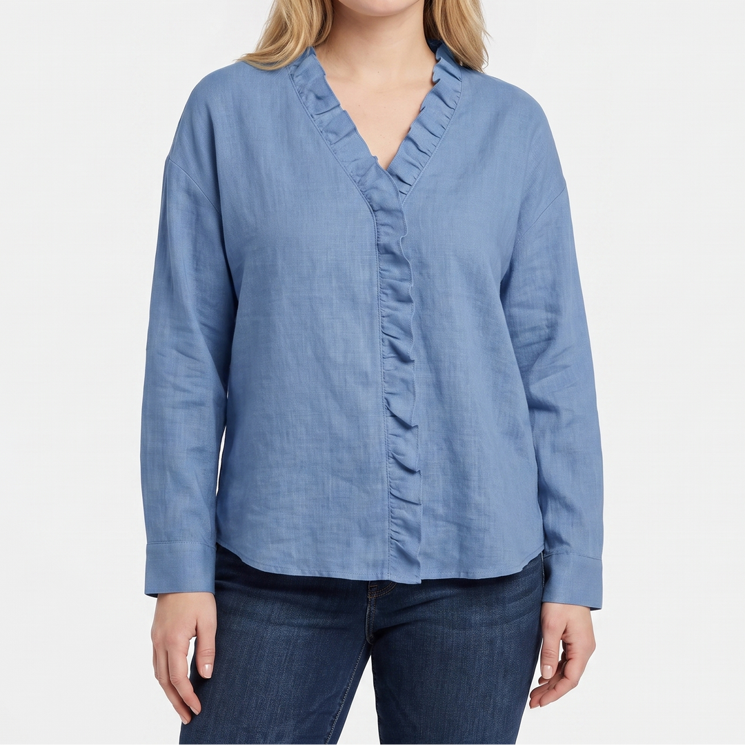 Women's Ruffle V-Neck Blouse Long Sleeve Cotton Linen Top