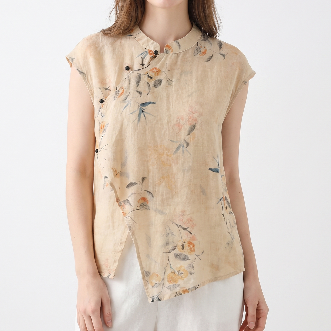 Women's Floral Print Linen Top Cap Sleeve Mandarin Collar Blouse