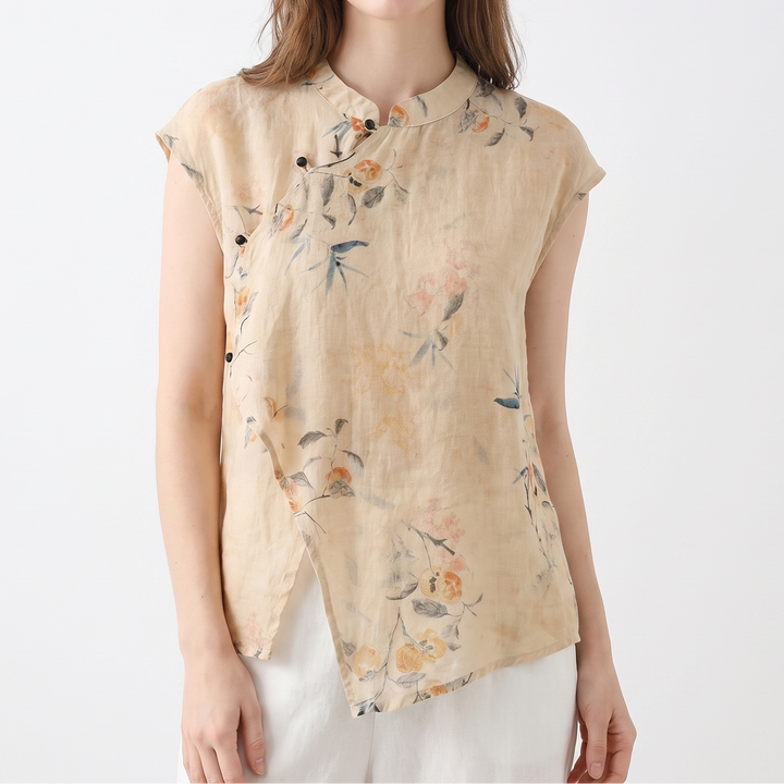 Women's Floral Print Linen Top Cap Sleeve Mandarin Collar Blouse