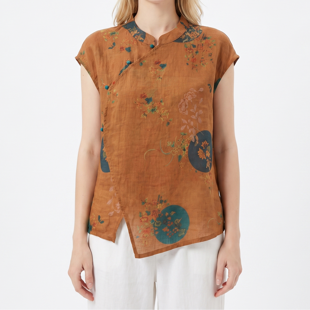Women's Floral Print Linen Top Cap Sleeve Mandarin Collar Blouse