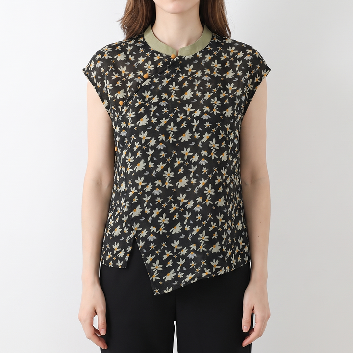 Women's Floral Print Linen Top Cap Sleeve Mandarin Collar Blouse