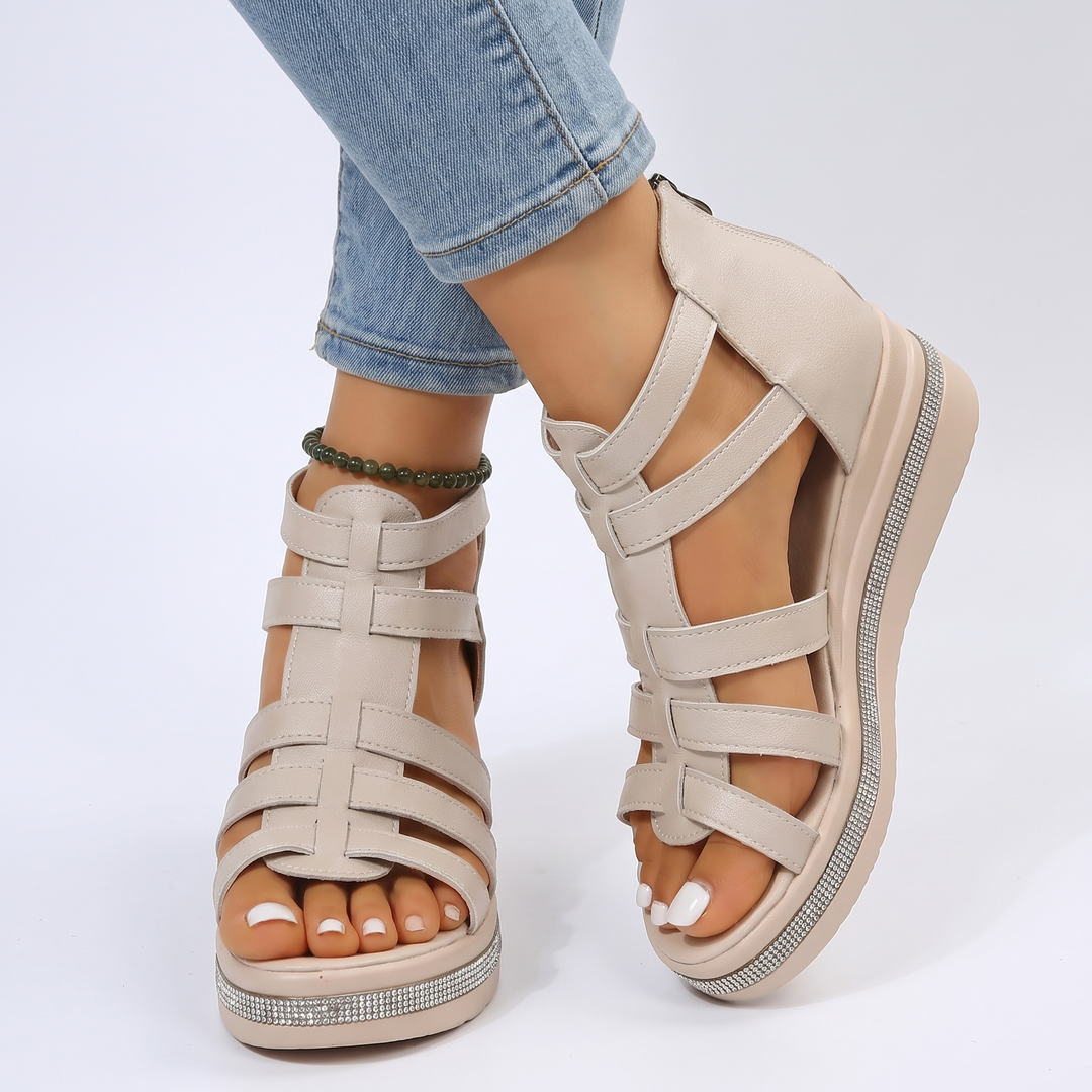 Women's Gladiator Wedge Sandals Rhinestone Platform Ankle Zip