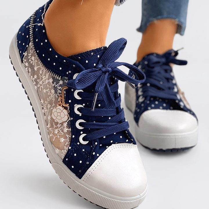 Women's Lace Mesh Sneakers Polka Dot Lace-Up Canvas Shoes