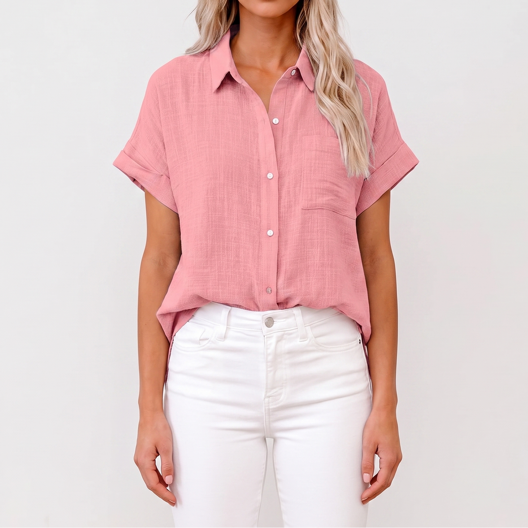 Women's Cotton Linen Shirt Short Sleeve Button-Up Casual Top