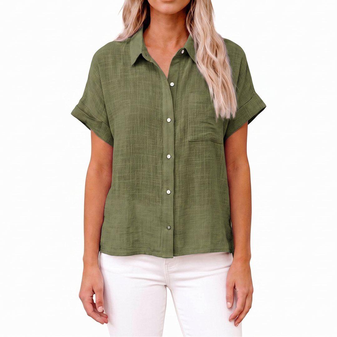 Women's Cotton Linen Shirt Short Sleeve Button-Up Casual Top