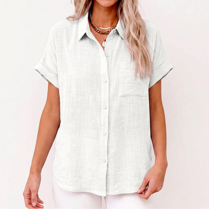 Women's Cotton Linen Shirt Short Sleeve Button-Up Casual Top