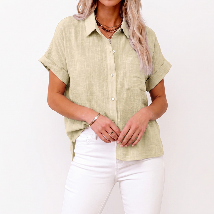 Women's Cotton Linen Shirt Short Sleeve Button-Up Casual Top