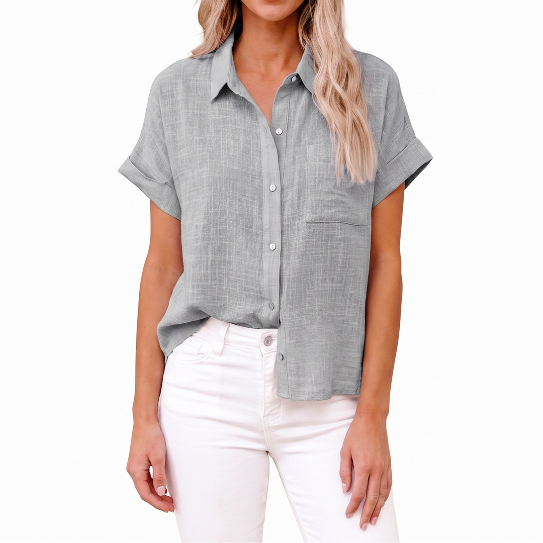 Women's Cotton Linen Shirt Short Sleeve Button-Up Casual Top