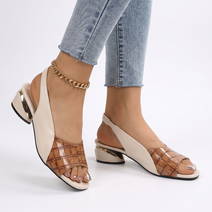 Women's Croc Print Slingback Sandals Low Block Heel Two-Tone