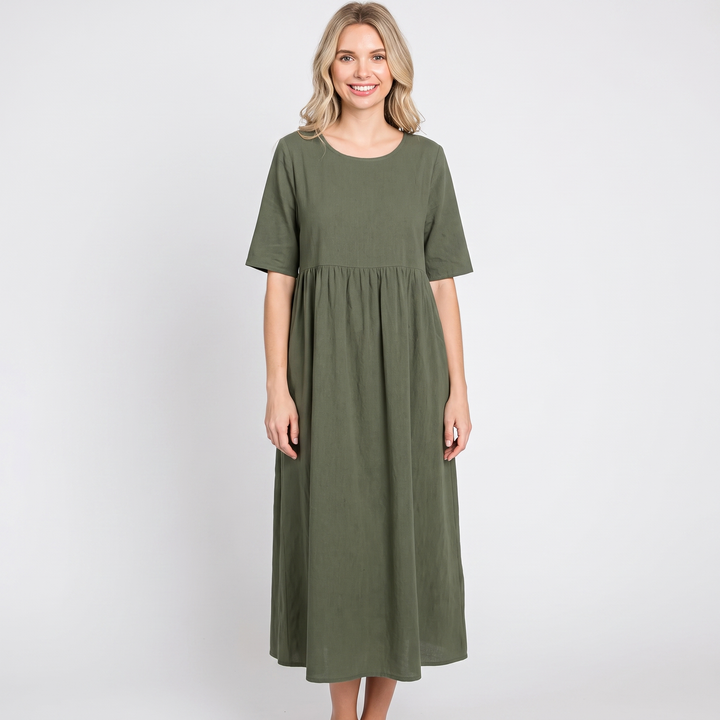 Women's Linen Maxi Dress Short Sleeve Empire Waist Relaxed Pockets