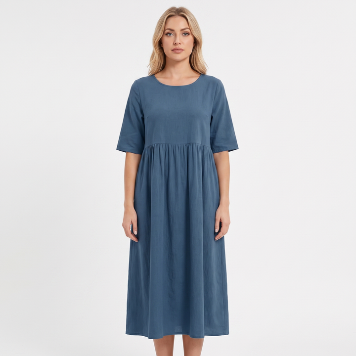 Women's Linen Maxi Dress Short Sleeve Empire Waist Relaxed Pockets