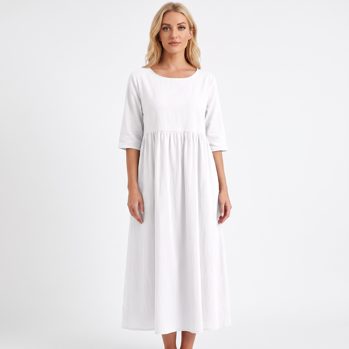 Women's Linen Maxi Dress Short Sleeve Empire Waist Relaxed Pockets