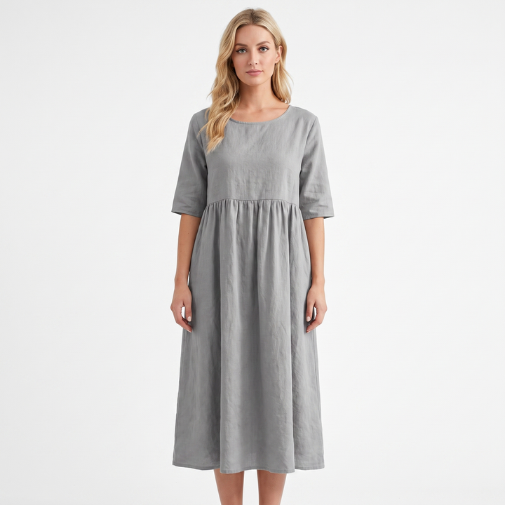 Women's Linen Maxi Dress Short Sleeve Empire Waist Relaxed Pockets