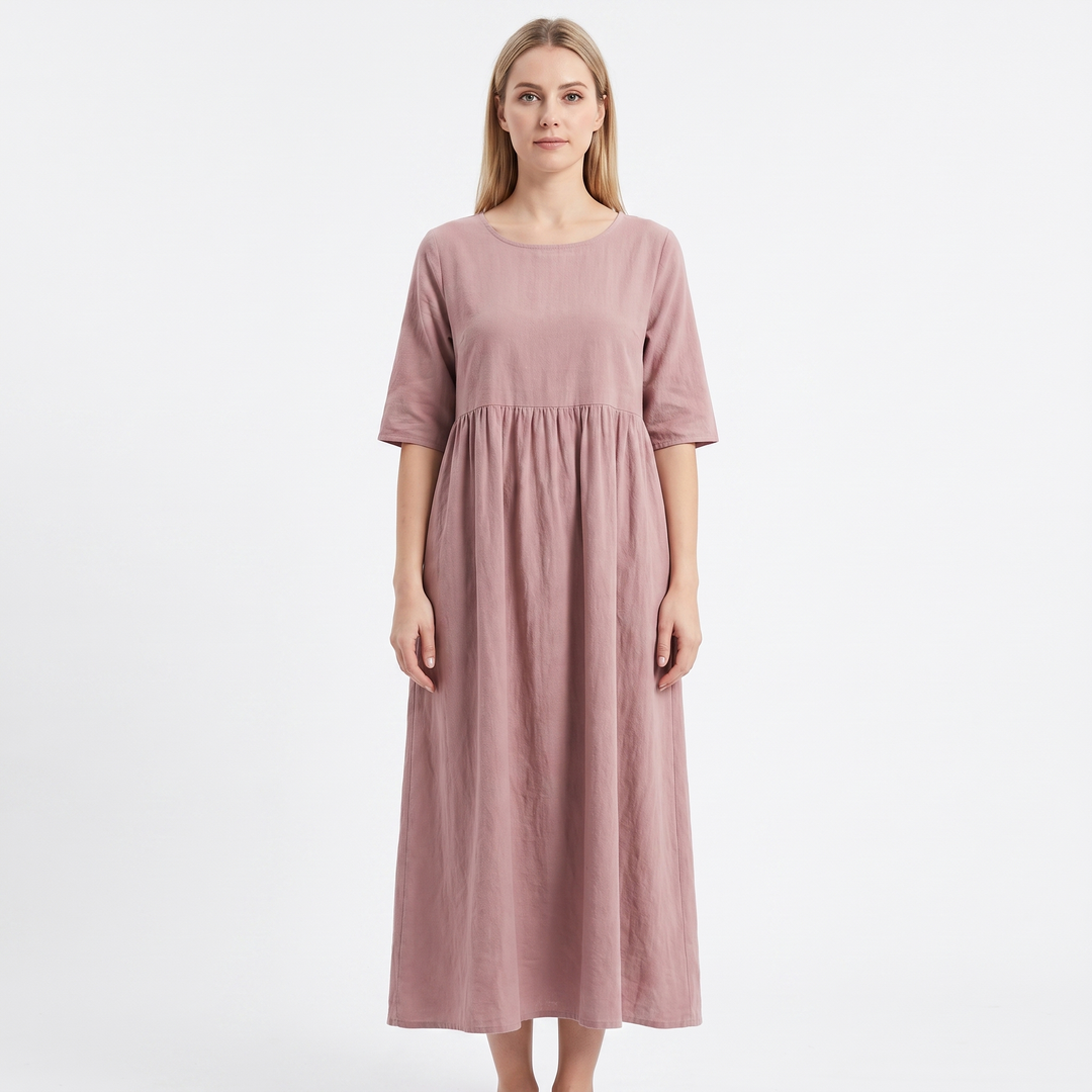 Women's Linen Maxi Dress Short Sleeve Empire Waist Relaxed Pockets