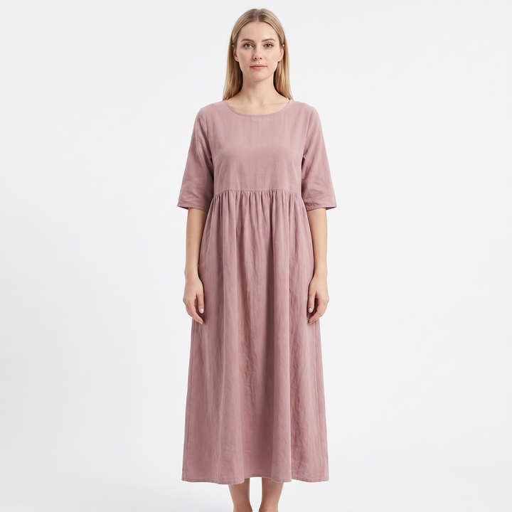 Women's Linen Maxi Dress Short Sleeve Empire Waist Relaxed Pockets