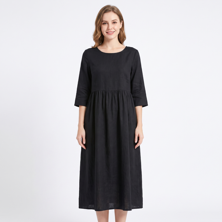 Women's Linen Maxi Dress Short Sleeve Empire Waist Relaxed Pockets