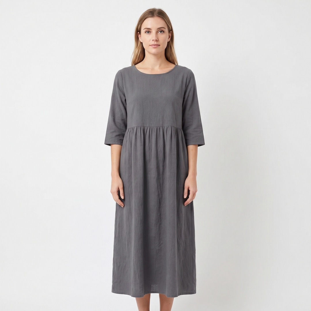 Women's Linen Maxi Dress Short Sleeve Empire Waist Relaxed Pockets