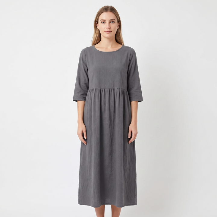 Women's Linen Maxi Dress Short Sleeve Empire Waist Relaxed Pockets