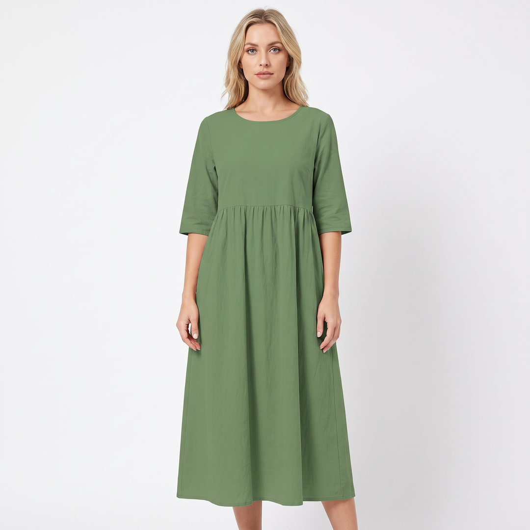 Women's Linen Maxi Dress Short Sleeve Empire Waist Relaxed Pockets