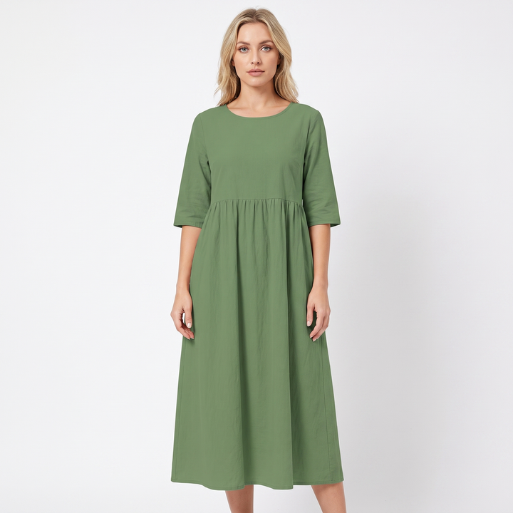 Women's Linen Maxi Dress Short Sleeve Empire Waist Relaxed Pockets