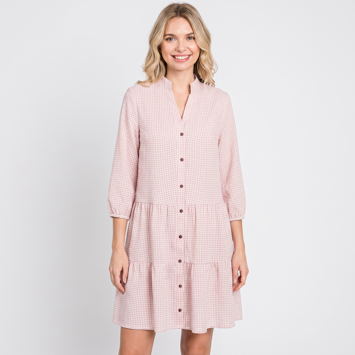 Women's Gingham Shirt Dress Button Up Tiered Ruffle Hem Smock Mini
