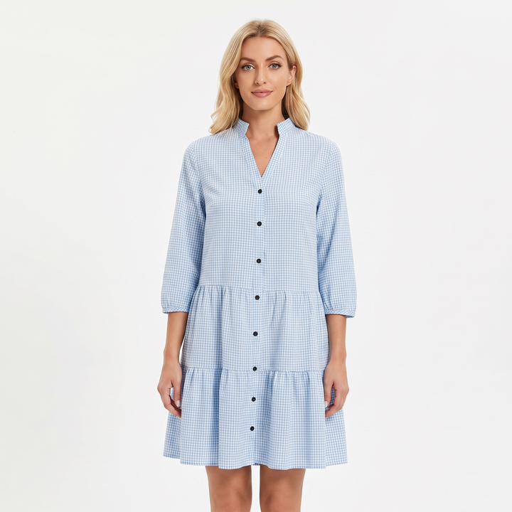 Women's Gingham Shirt Dress Button Up Tiered Ruffle Hem Smock Mini